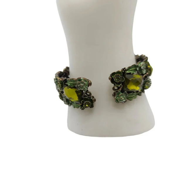 Green Prystal Enamel Flower Open Cuff Bangle Bracelet Vintage - Picture 3 of 6
